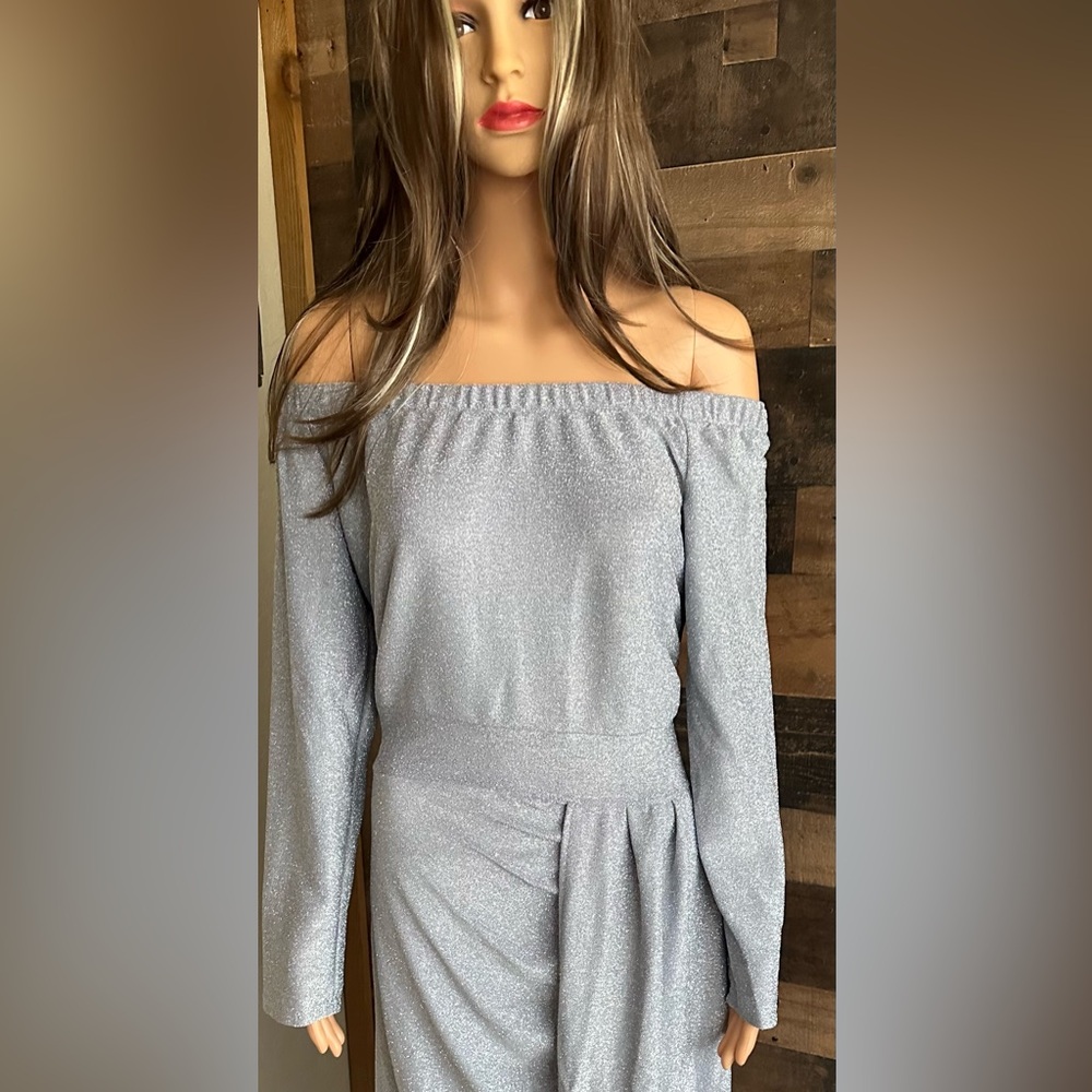 Daring Silver/Gray Sparkly Front Slit Dress